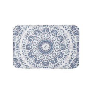 Dusty Blue White Floral Mandala Bath Mat