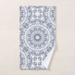 Dusty Blue White Floral Mandala Hand Towel