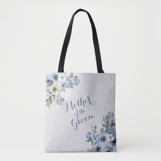 Dusty Blue White Floral Mother of the Groom Tote Bag (Front)