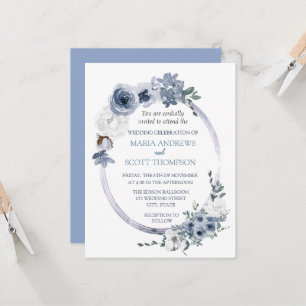 Dusty Blue White Floral Oval Frame Wedding Invitation