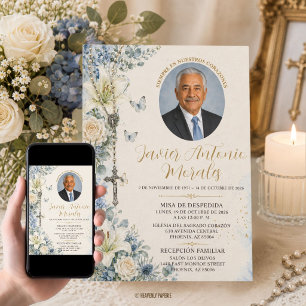 Dusty Blue White Floral Photo Catholic Funeral Invitation