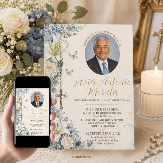 Dusty Blue White Floral Photo Catholic Funeral Invitation