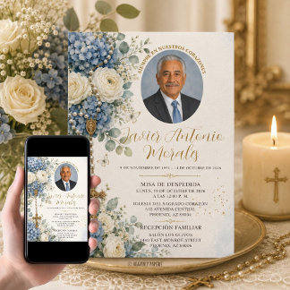 Dusty Blue White Floral Photo Catholic Funeral Invitation