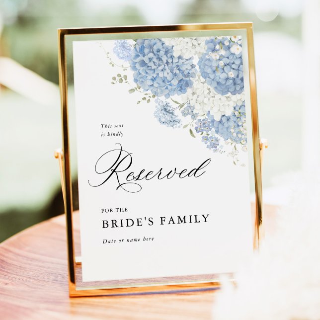 Dusty Blue White Floral Reserved Sign 5x7 (Dusty blue white floral reserved wedding sign, bride family, hydrangea watercolor, outdoor)