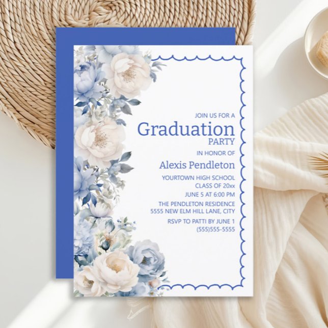 Dusty Blue White Floral Squiggle Frame Invitation (Dusty blue and white watercolor floral graduation party invitation)