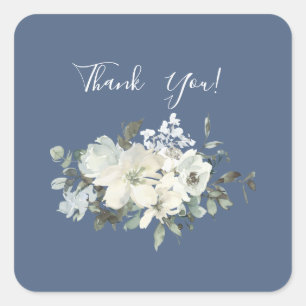 Dusty Blue & White Floral Thank You- Blue Square Sticker