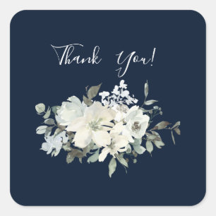 Dusty Blue & White Floral Thank You- Navy Square Sticker
