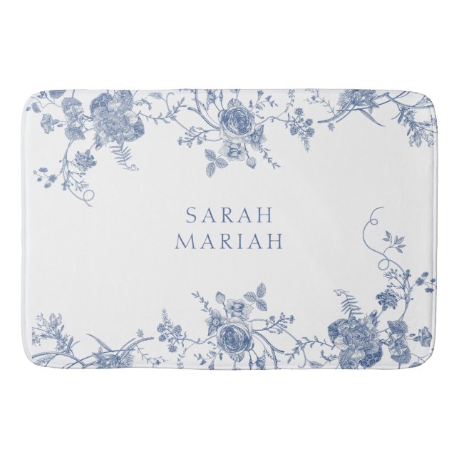 Dusty Blue & White Floral Toile Personalized Name Bath Mat (Front)