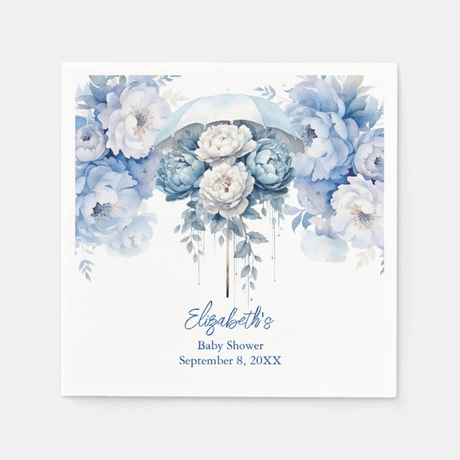 Dusty Blue White Floral Umbrella Baby Shower Napkin (Front)