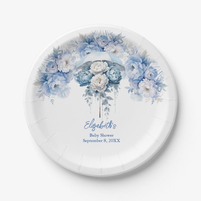Dusty Blue White Floral Umbrella Baby Shower Paper Plate (Front)