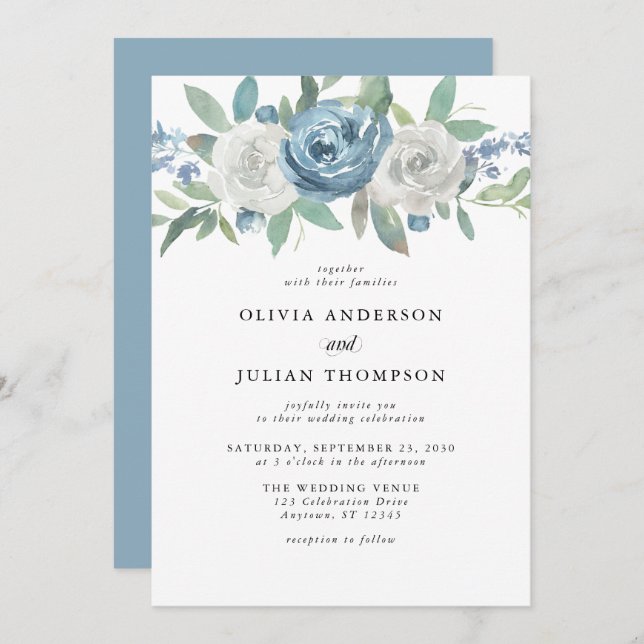 Dusty Blue & White Floral Watercolor Wedding Invitation (Front/Back)