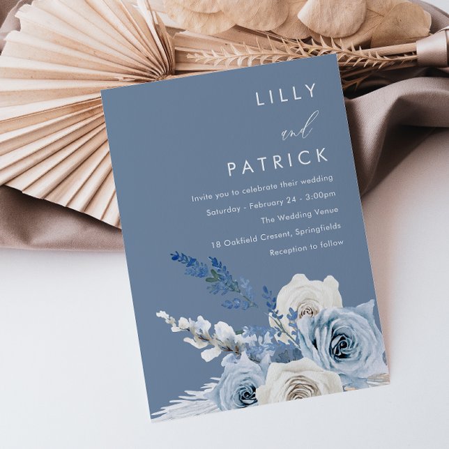 Dusty Blue & White Floral Watercolor Wedding Invitation (Creator Uploaded)