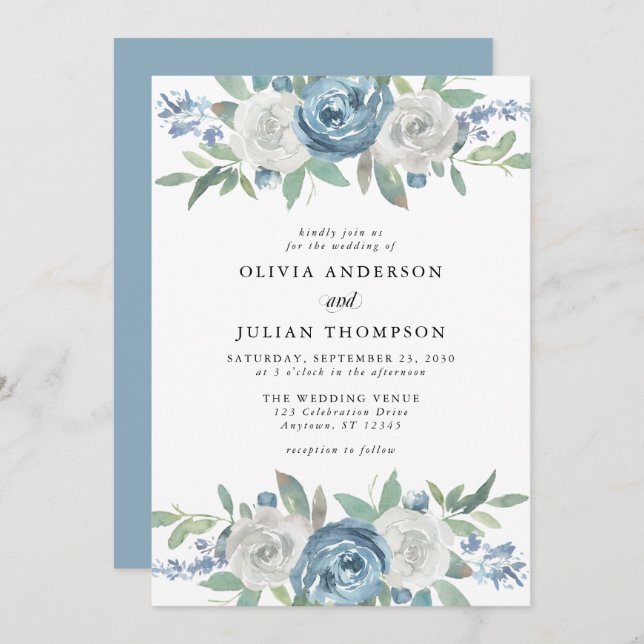 Dusty Blue & White Floral Watercolor Wedding Invitation (Front/Back)