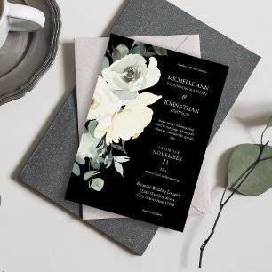 Dusty Blue & White Floral Wedding- Black Invitation