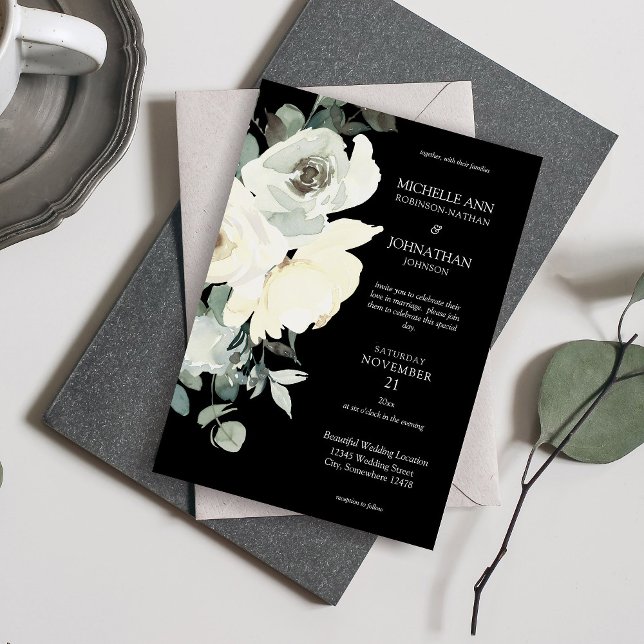 Dusty Blue & White Floral Wedding- Black Invitation (Creator Uploaded)
