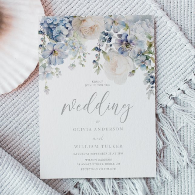 Dusty Blue & White Floral Wedding Invitation (Creator Uploaded)