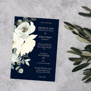 Dusty Blue & White Floral Wedding- Navy Invitation