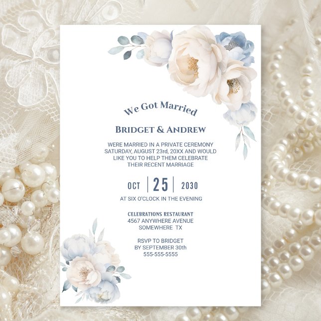 Dusty Blue White Floral Wedding Reception Invitation (Creator Uploaded)