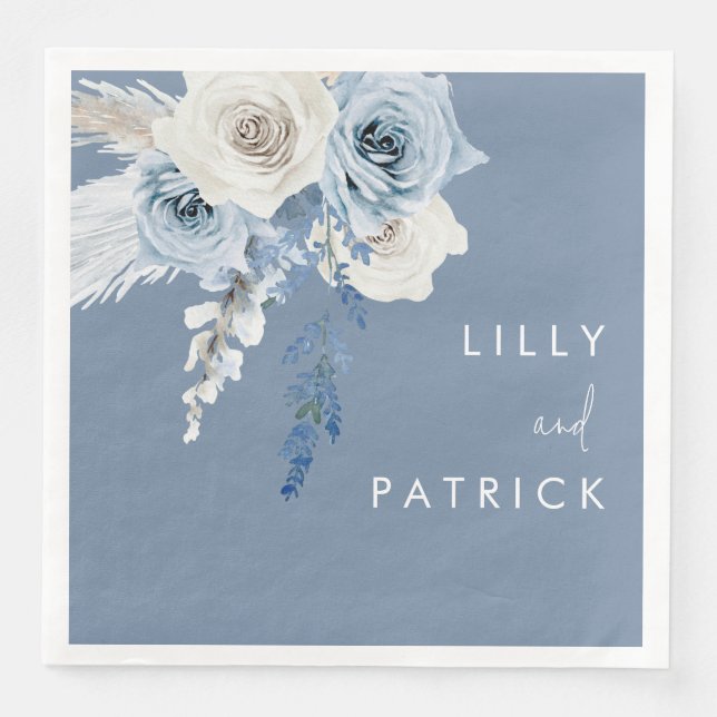 Dusty Blue & White Floral Wedding Reception Party Napkin (Front)