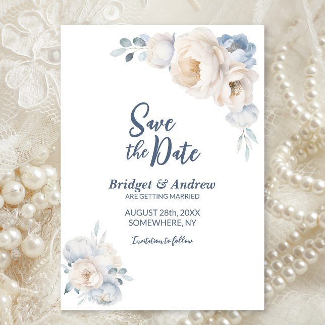 Dusty Blue White Floral Wedding Save The Date (Creator Uploaded)