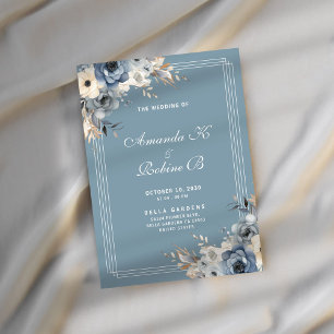 Dusty Blue White Flower Watercolor Wedding Invitation