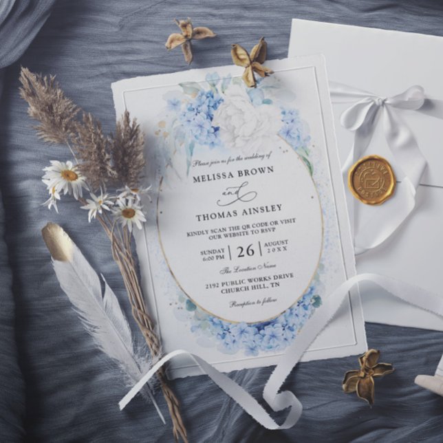 Dusty Blue White Flowers Budget QR Code Wedding Invitation (Creator Uploaded)