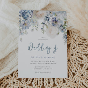 Dusty Blue & White Flowers Modern Wedding Invitation
