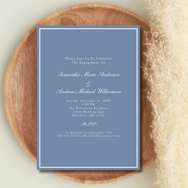 Dusty Blue White Formal Elegant Wedding Engagement Invitation (Dusty Blue White Elegant Formal Wedding Engagement party invitation)