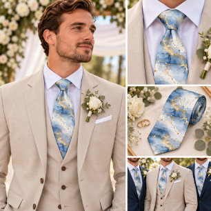Dusty Blue White Gold Abstract Marble Wedding Tie