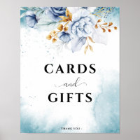 Dusty Blue White Gold Floral Wedding Cards & Gifs