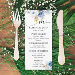 Dusty Blue White Gold Floral Wedding Menu