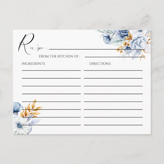 Dusty Blue White Gold Floral Wedding Recipe Postcard (Front)