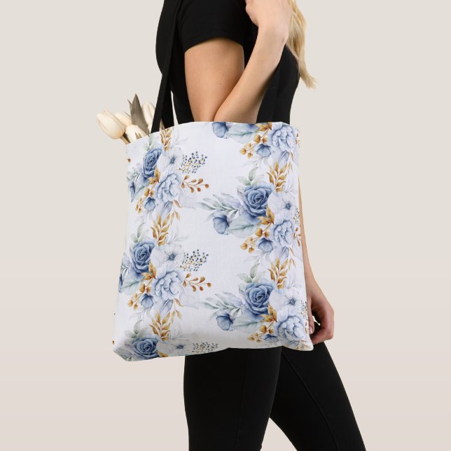 Dusty Blue White Gold Floral Wedding Tote Bag (Close Up)