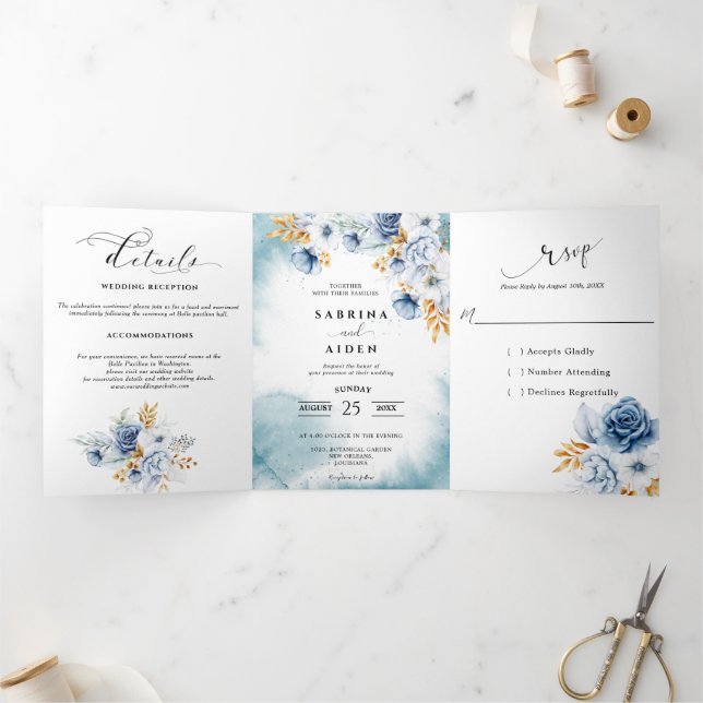 Dusty Blue White Gold Floral Wedding  Tri-Fold Announcement (Inside)