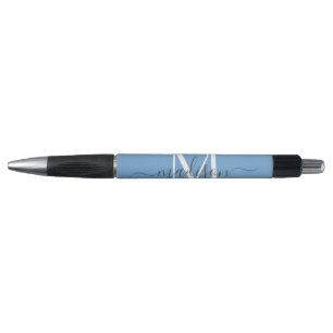 Dusty Blue White Grey Monogram Script Name Stylish