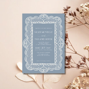 Dusty Blue & White Lace Old Money Rustic Wedding Invitation