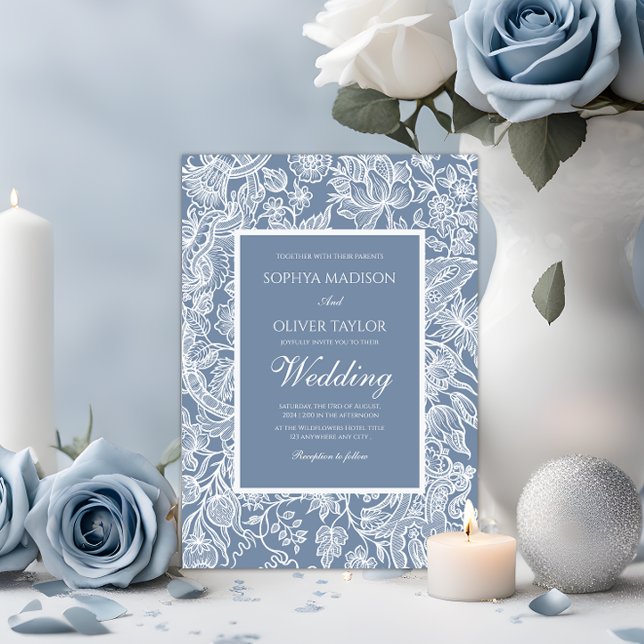 Dusty Blue White Line Art Floral Botanical  Invitation (Creator Uploaded)