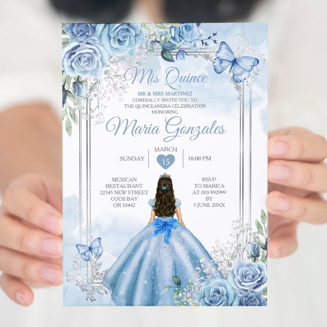 Dusty Blue & White Mis Quince 15 Anos Silver Crown Invitation (Creator Uploaded)
