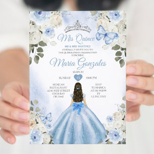 Dusty Blue & White Mis Quince 15 Anos Silver Crown Invitation