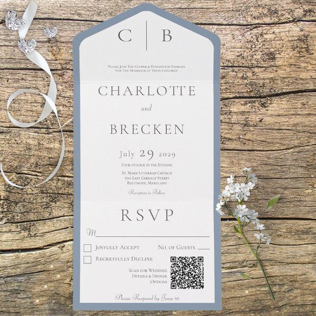 Dusty Blue & White Monogram Minimal QR Code All In One Invitation (Creator Uploaded)