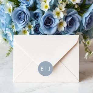 Dusty Blue & White Monogram Wedding Classic Round Sticker