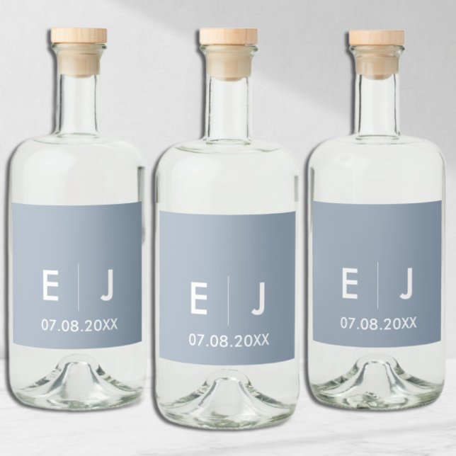 Dusty Blue & White Monogram Wedding Liquor Bottle Label (Creator Uploaded)