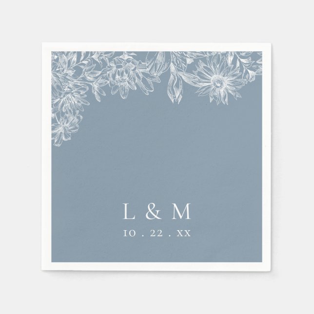 Dusty Blue White Monogram Wedding Napkins (Front)