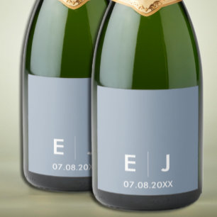 Dusty Blue & White Monogram Wedding Sparkling Wine Label