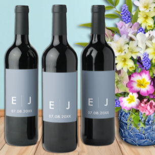 Dusty Blue & White Monogram Wedding Wine Label