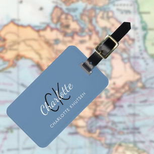 Dusty blue white monogrammed luggage tag