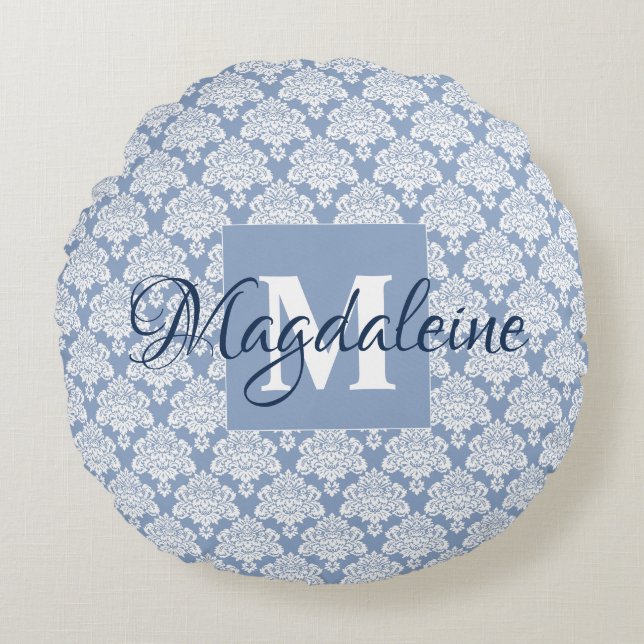 Dusty Blue & White Monogrammed Name Damask Round Cushion (Front)