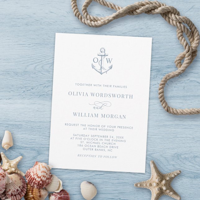 Dusty Blue White Nautical Anchor Monogram Wedding  Invitation (Creator Uploaded)