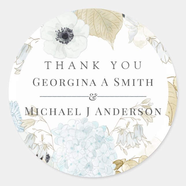Dusty Blue White Navy Anemone BUDGET Wedding Classic Round Sticker (Front)