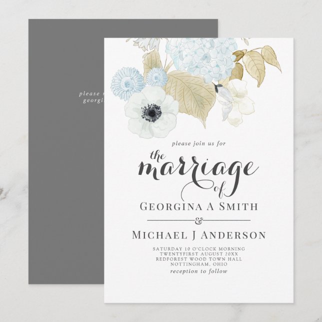 Dusty Blue White Navy Anemone BUDGET Wedding Invitation (Front/Back)